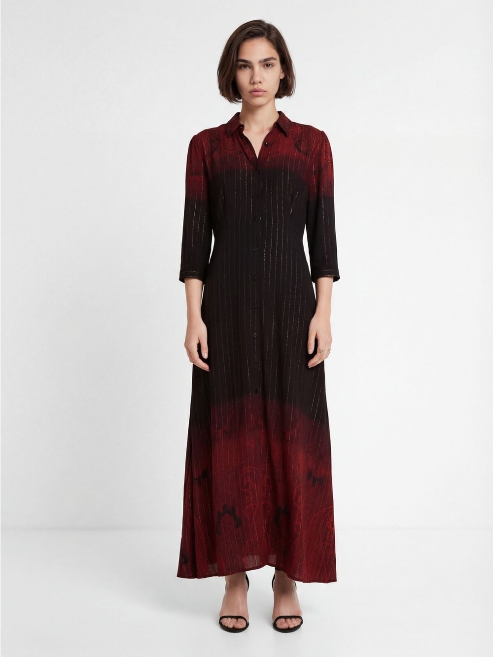 Desigual Button Up Long Shirt Metallic Maxi Dress Size 2